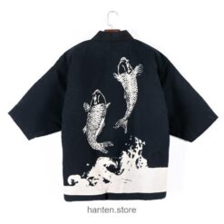 Black Japanese Traditional Koi Print Hanten 2 Black Japanese Traditional Koi Print Hanten 2