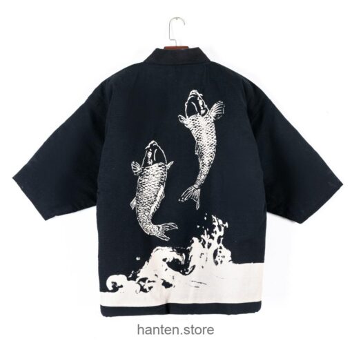 Black Japanese Traditional Koi Print Hanten 2 Black Japanese Traditional Koi Print Hanten 2