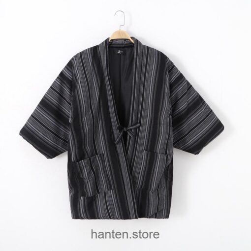 Men Size Black Traditional Japanese Warm Striped Hanten 2