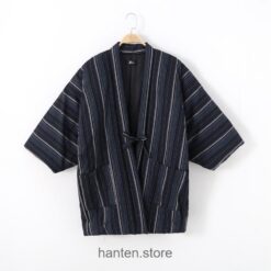Men Size Dark Blue Traditional Japanese Warm Striped Hanten 2