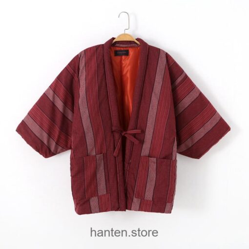 Woman Size Red Traditional Japanese Warm Striped Hanten 7