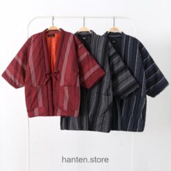 Woman Size Red Traditional Japanese Warm Striped Hanten 1