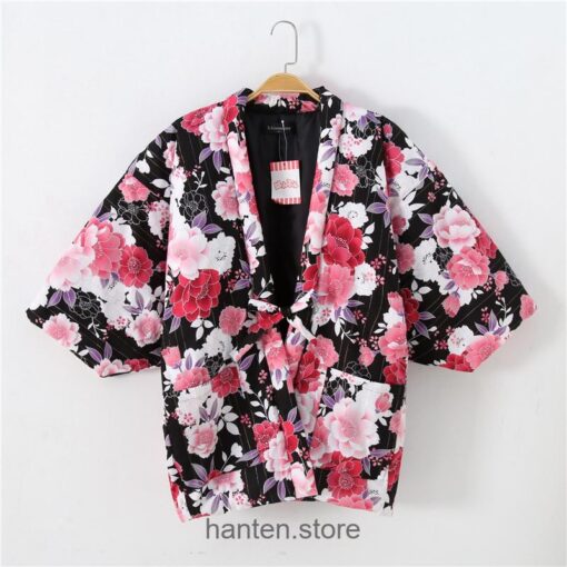 Red Traditional Japanese Winter Vintage Floral Hanten 1