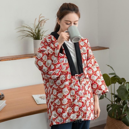 Lucky Cat Thick Warm Cotton-Padded Haori Retro Kimono Style Hanten 1