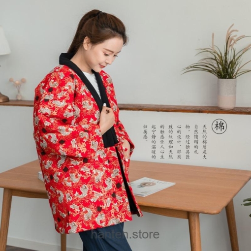 Red Koi Art Thick Warm Cotton-Padded Haori Retro Kimono Style Hanten 2