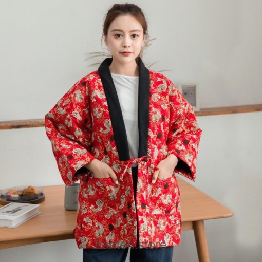 Red Koi Art Thick Warm Cotton-Padded Haori Retro Kimono Style Hanten 1
